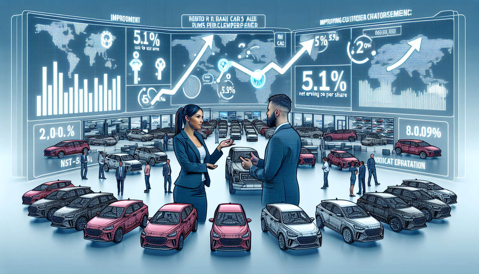 CarMax dealership with customers and vehicles, highlighting growth metrics.