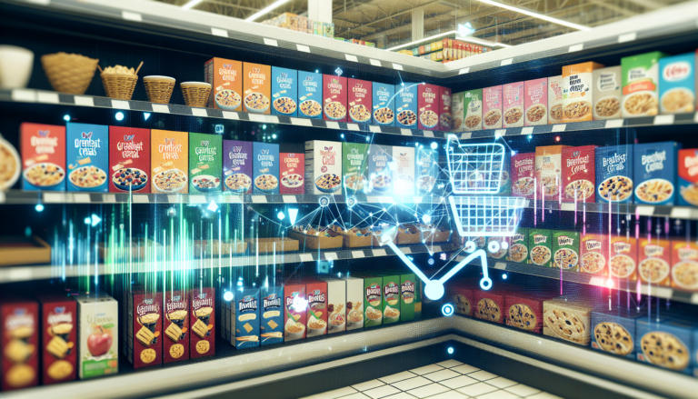 A vibrant supermarket aisle showcasing General Mills products alongside financial analytics visuals.