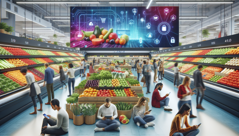 Interior view of a grocery store emphasizing Kroger's fresh produce and digital engagement.