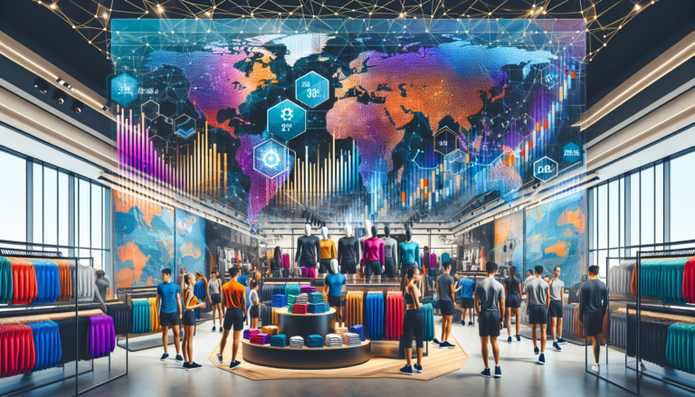 Vibrant Lululemon store with customers, showcasing athletic apparel and digital financial metrics.