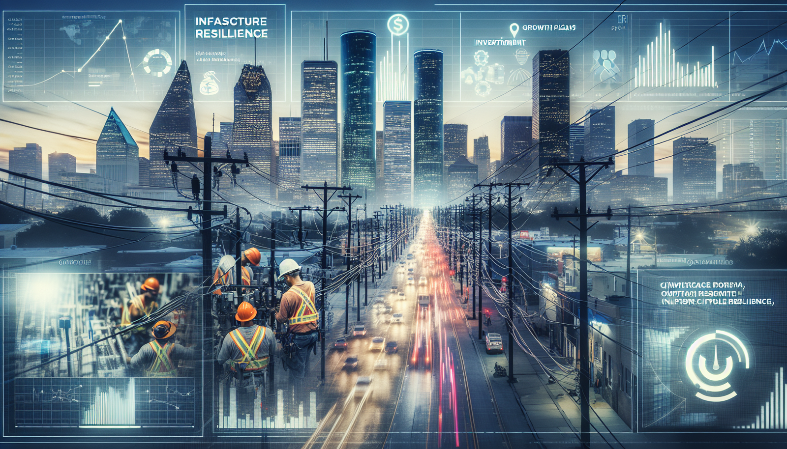 Houston cityscape with utility workers and power lines symbolizing infrastructure resilience