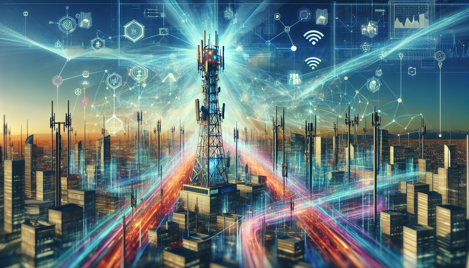 Futuristic communications tower with small cells and fiber optics in a digital urban landscape.