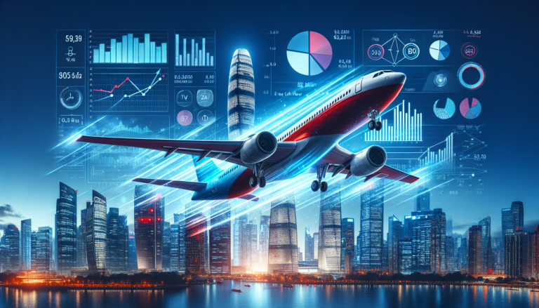 A Delta Air Lines plane flying above a city with financial metrics and AI insights overlay