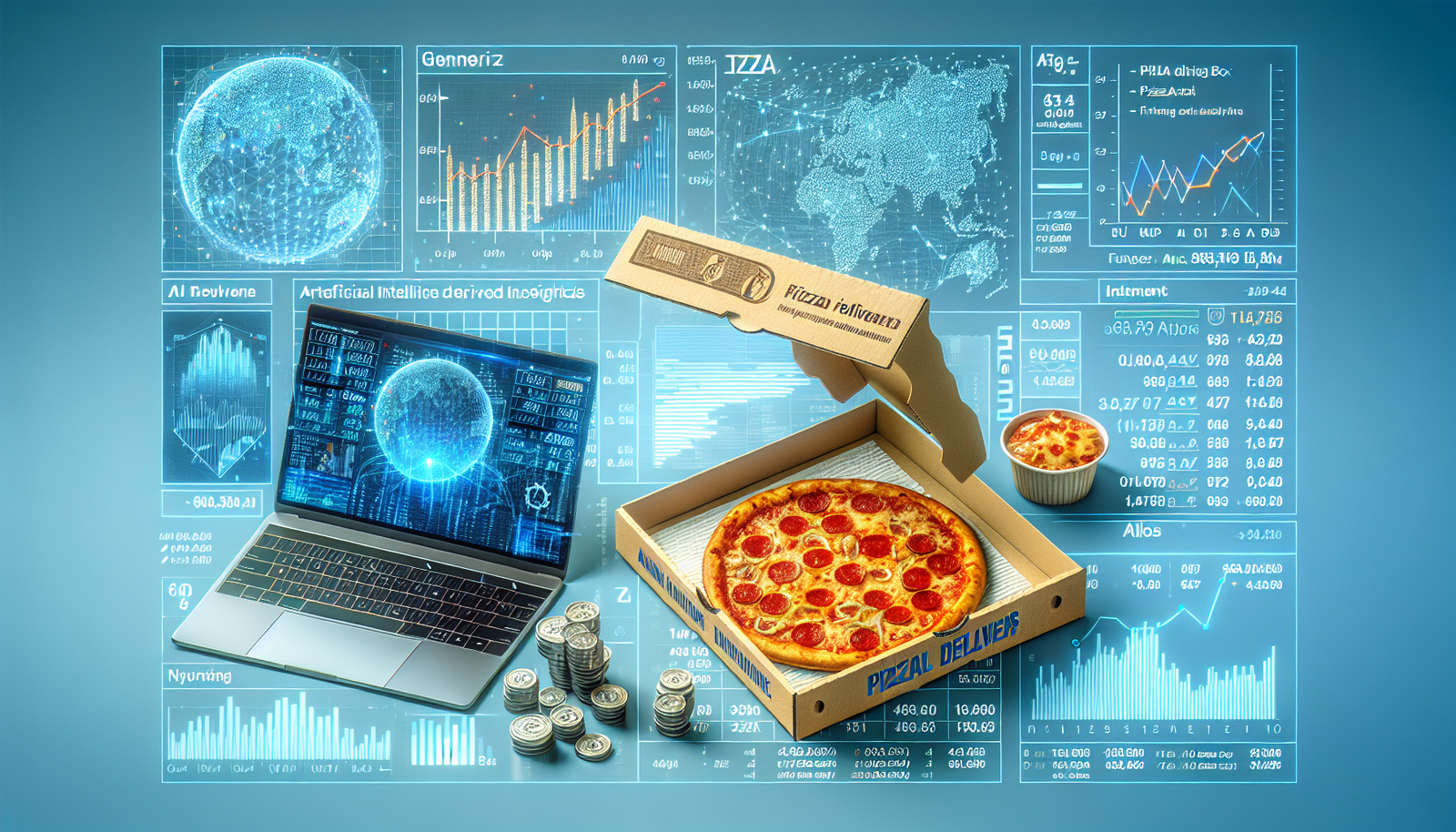 Domino's Pizza box with pizza, financial growth charts, and EarningsCall SamurAI app interface.