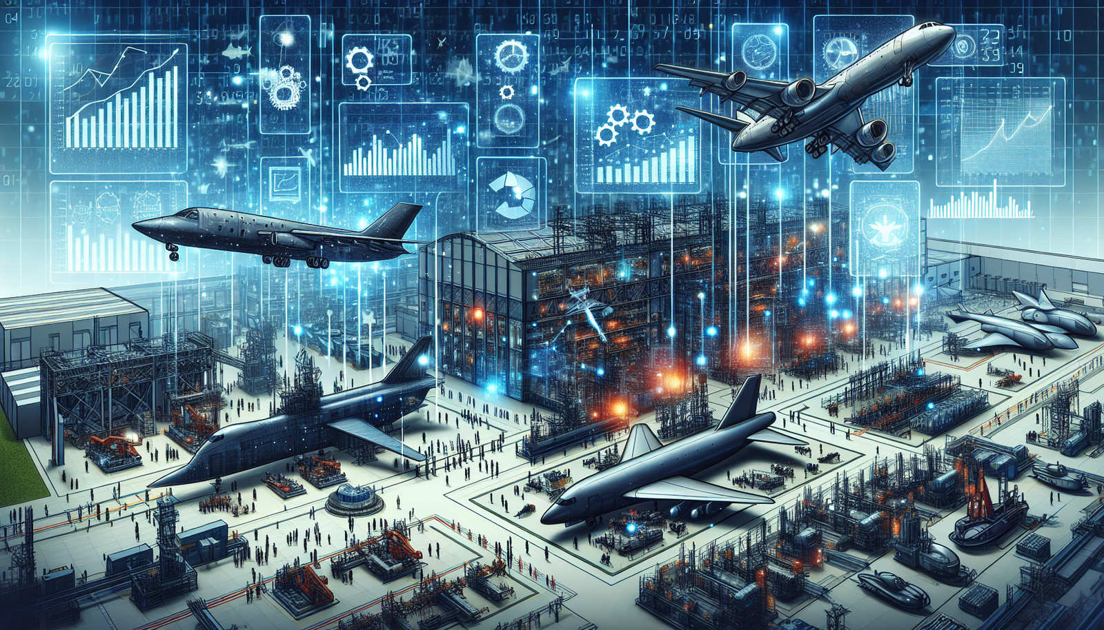 Aerospace and defense manufacturing facility with aircraft and submarines, highlighting General Dynamics' growth and AI-driven financial insights.