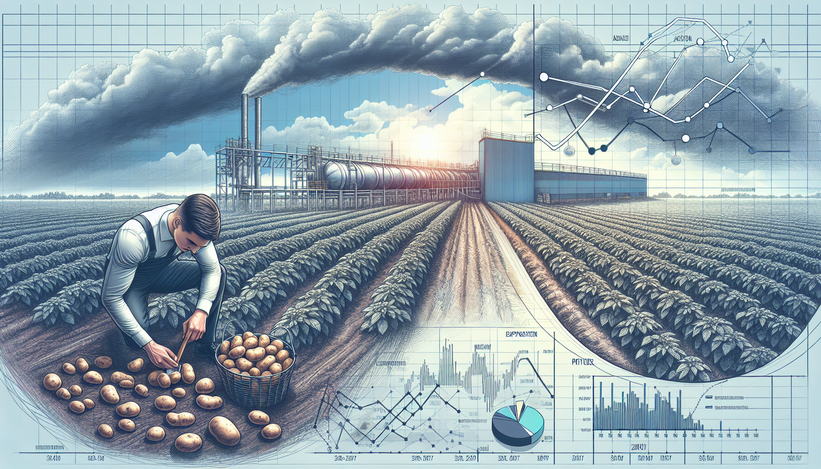 A farmer inspecting a potato field with a processing facility in the background and financial data graphs overlay.