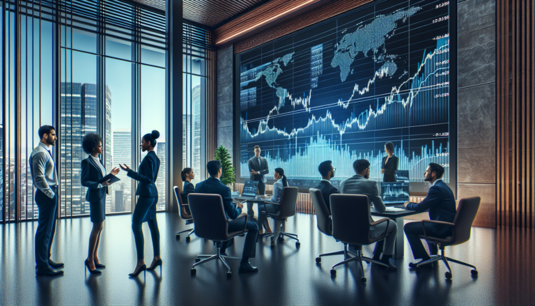 A modern financial office with professionals discussing growth strategies, featuring stock graphs on a screen.