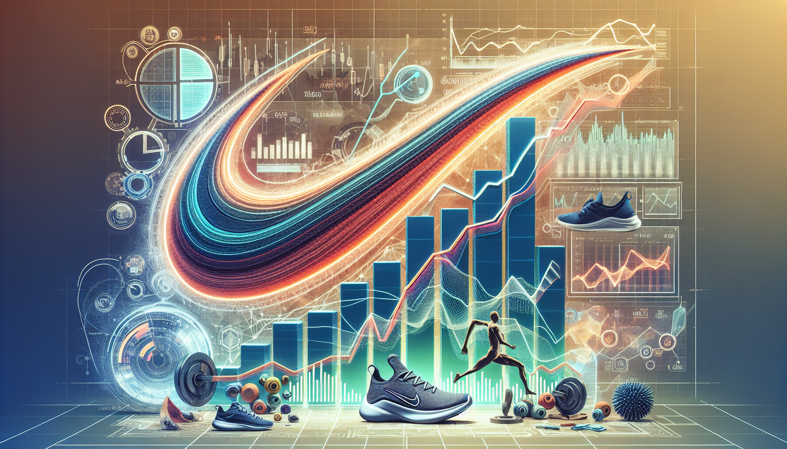 NIKE logo with financial graphs and products showcasing innovation in a challenging market.