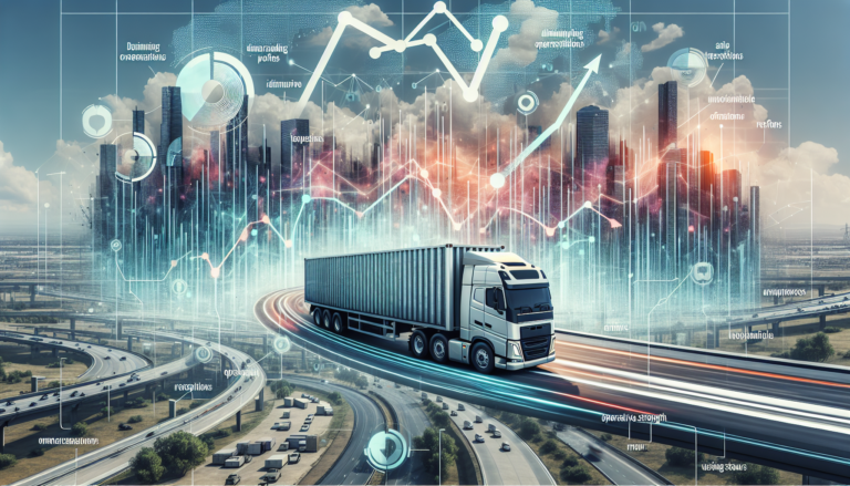 J.B. Hunt freight truck in a challenging landscape with financial metrics overlay and AI insights.