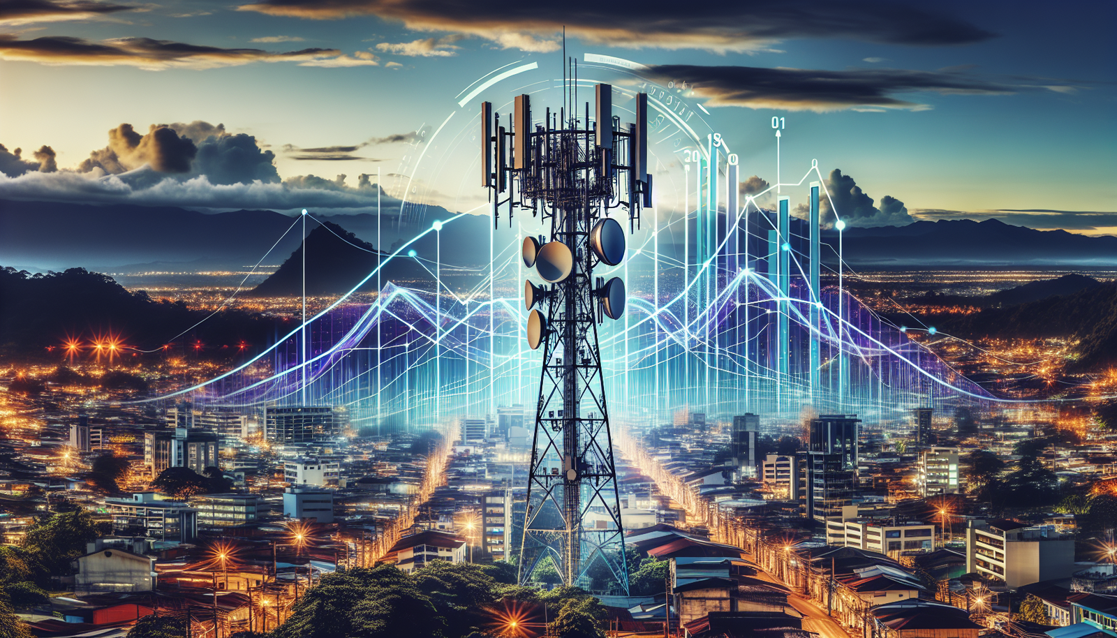 Telecommunications tower with a Central American skyline and financial performance graph.