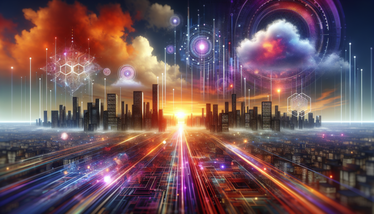 Futuristic city skyline with digital elements representing AI and data analytics, reflecting ServiceNow's growth in Q3 2024.