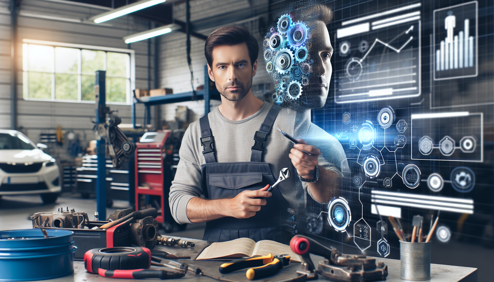 Automotive technician using Snap-on tools with a digital display of financial insights.