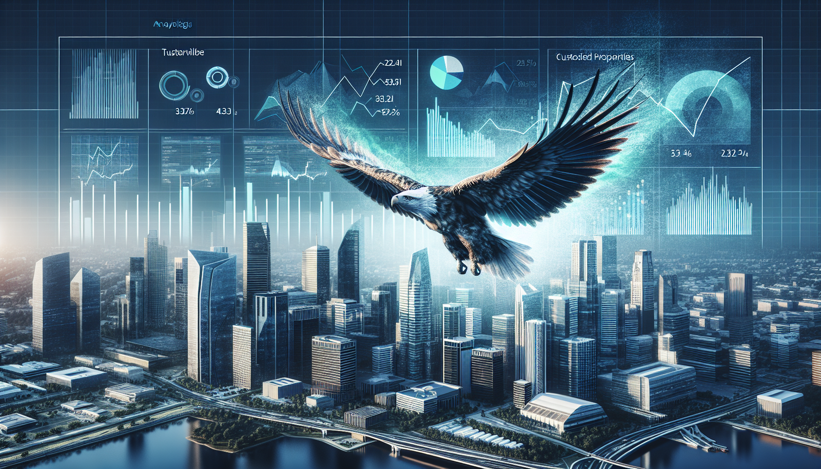 A soaring eagle against a financial district backdrop, symbolizing growth, with a digital dashboard showcasing financial metrics.