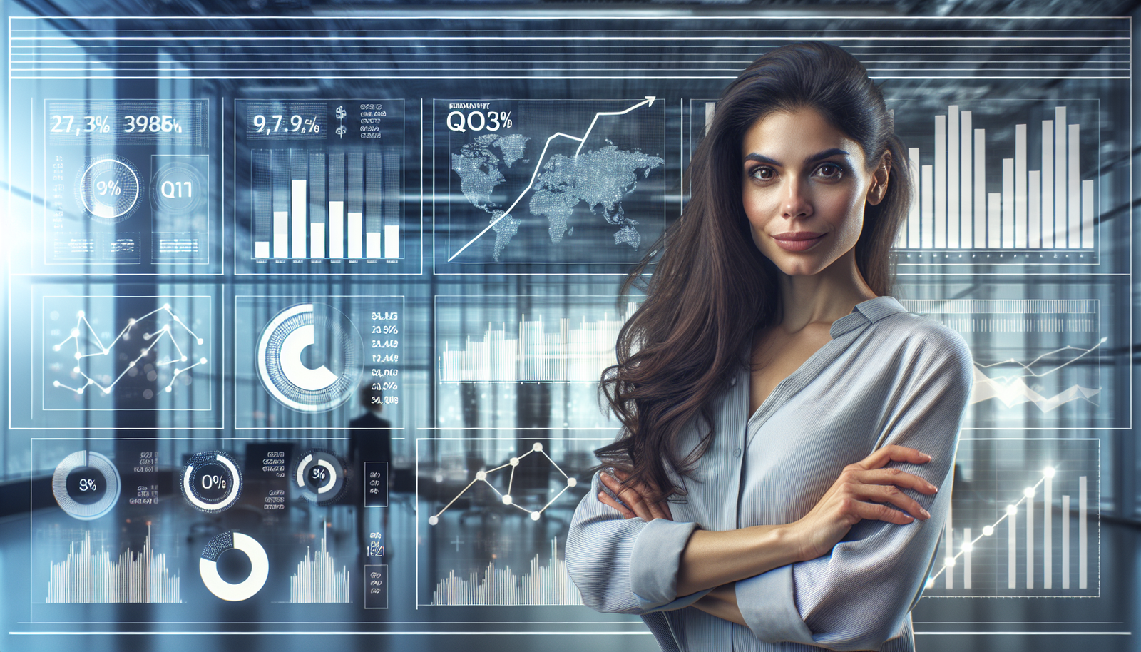 A professional in a modern office analyzing AMETEK's financial results with digital displays of graphs representing growth.