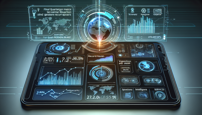 Digital interface displaying Apple's Q4 2024 earnings report with graphs and innovation icons.