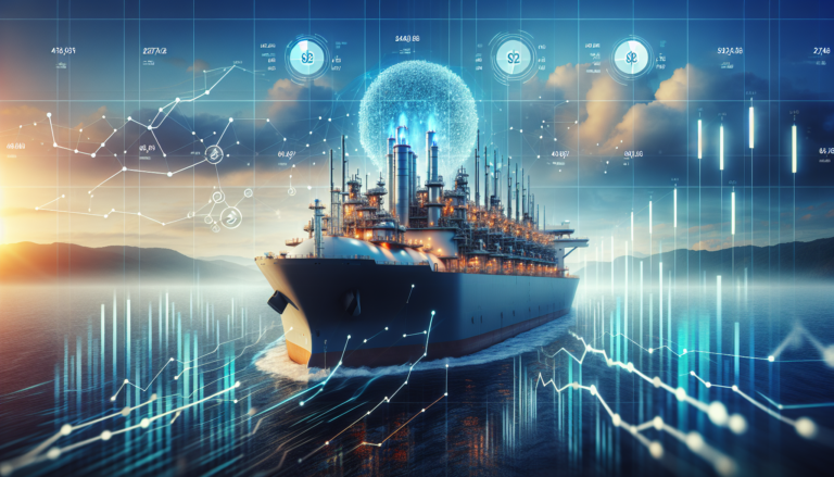 A Floating LNG vessel with financial graphs and AI elements representing Golar LNG's performance and growth strategy.