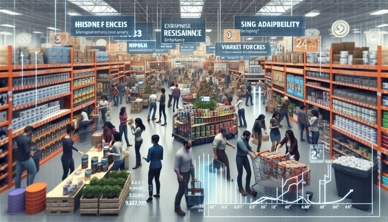 A busy Home Depot store with seasonal products and financial graphics overlay indicating performance metrics.