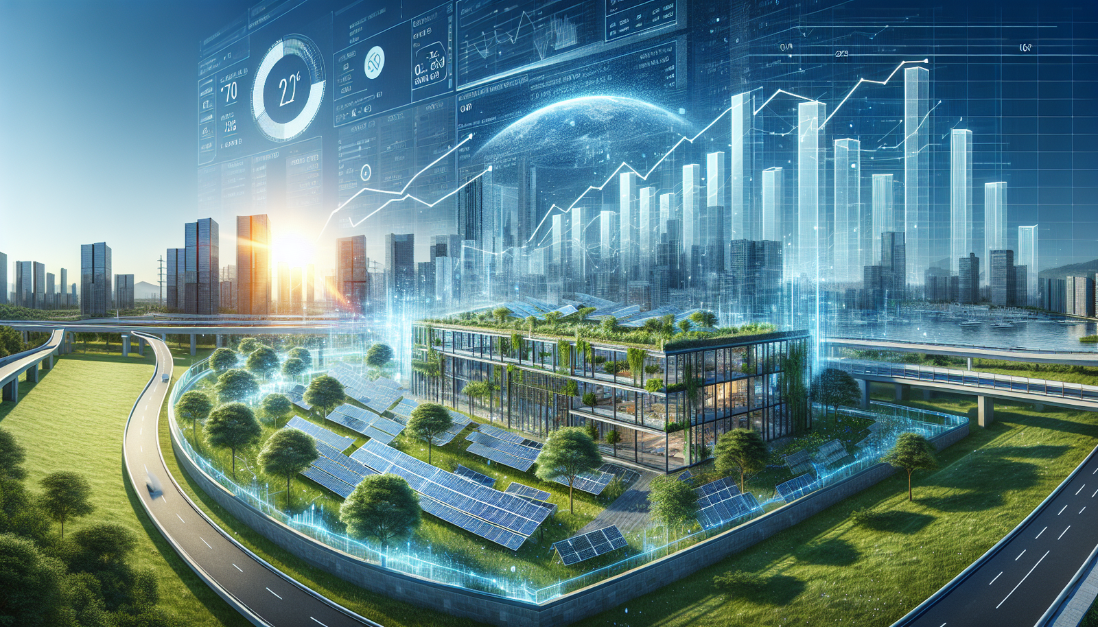 A modern building with solar panels and financial growth metrics overlay, representing Johnson Controls' sustainable solutions and strong earnings performance.