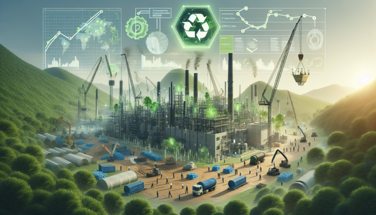 Construction site of LyondellBasell's MoReTec-1 recycling facility with greenery and financial graphics.