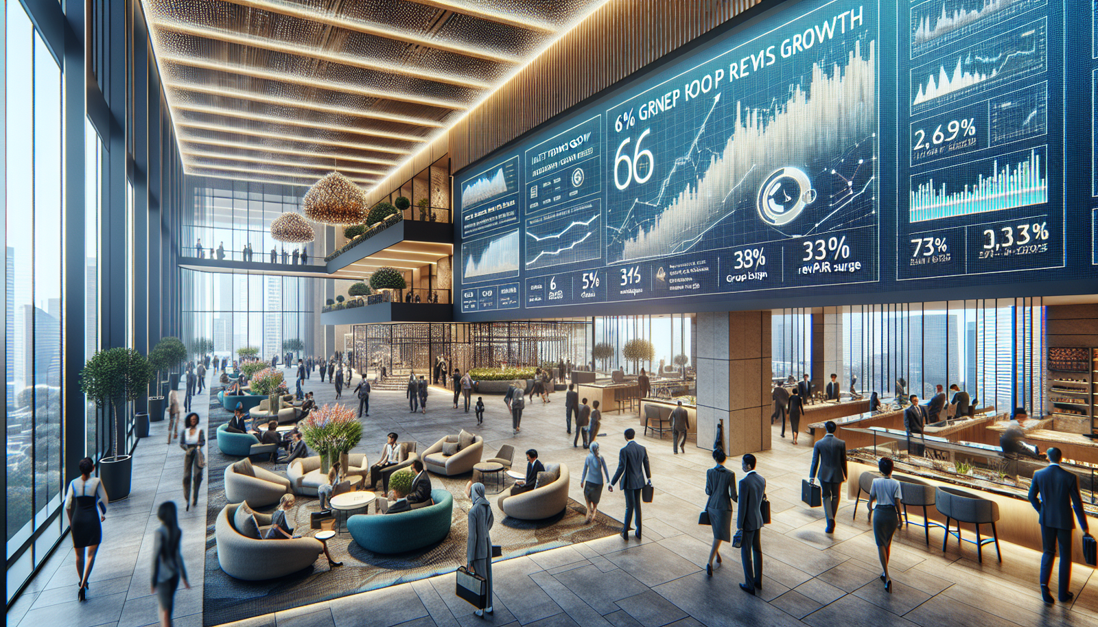 A contemporary Marriott hotel lobby with guests and financial metrics displayed, representing Marriott's strong growth in Q3 2024.