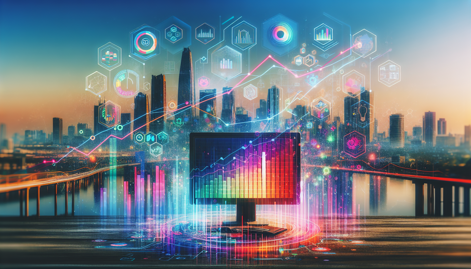 Graph illustrating News Corp's revenue growth with digital elements and city skyline.