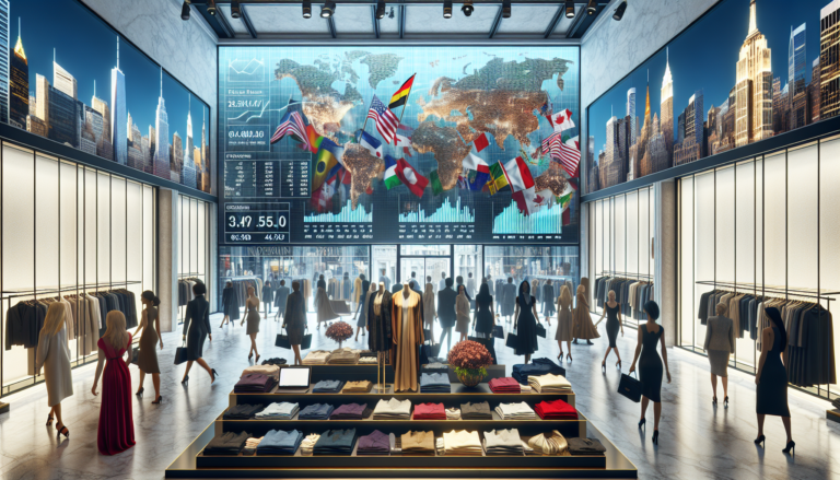 A Ralph Lauren store with shoppers and digital displays of financial success.