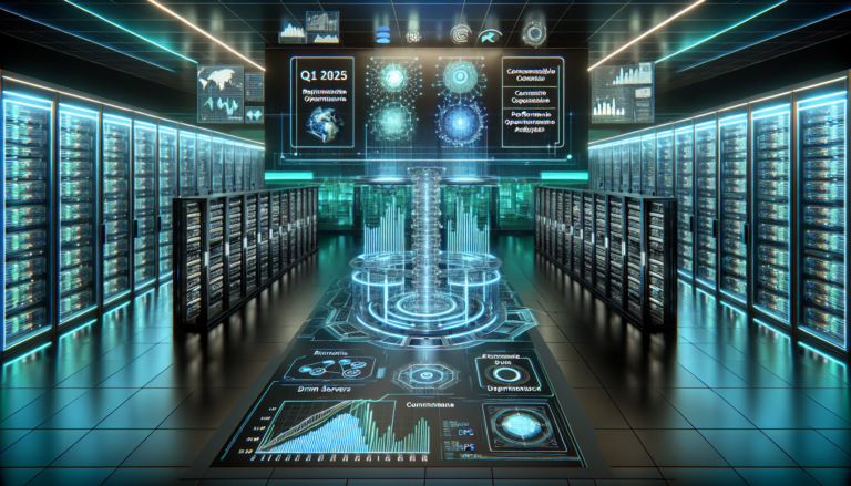 Futuristic data center with AI infrastructure and financial growth metrics for Super Micro Computer Q1 2025 earnings analysis.