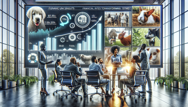 A team of professionals analyzing Zoetis's earnings report in a modern office, with financial graphs and animal health imagery in the background.