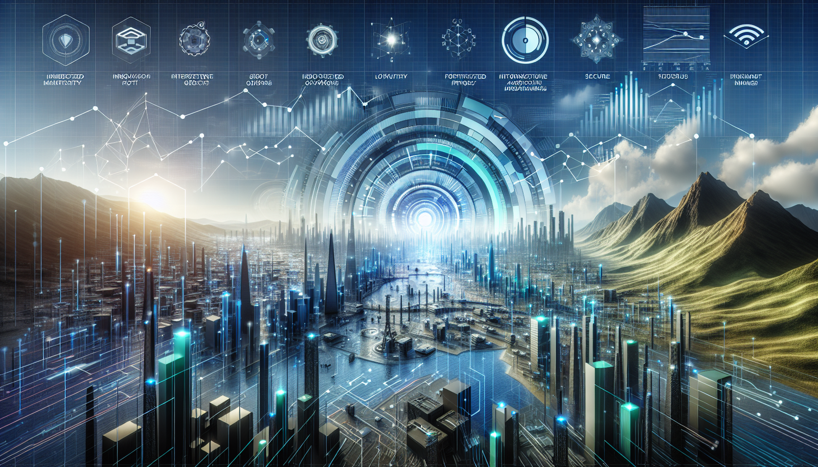 A digital landscape symbolizing growth in IoT and cybersecurity, featuring interconnected devices and financial graphs.