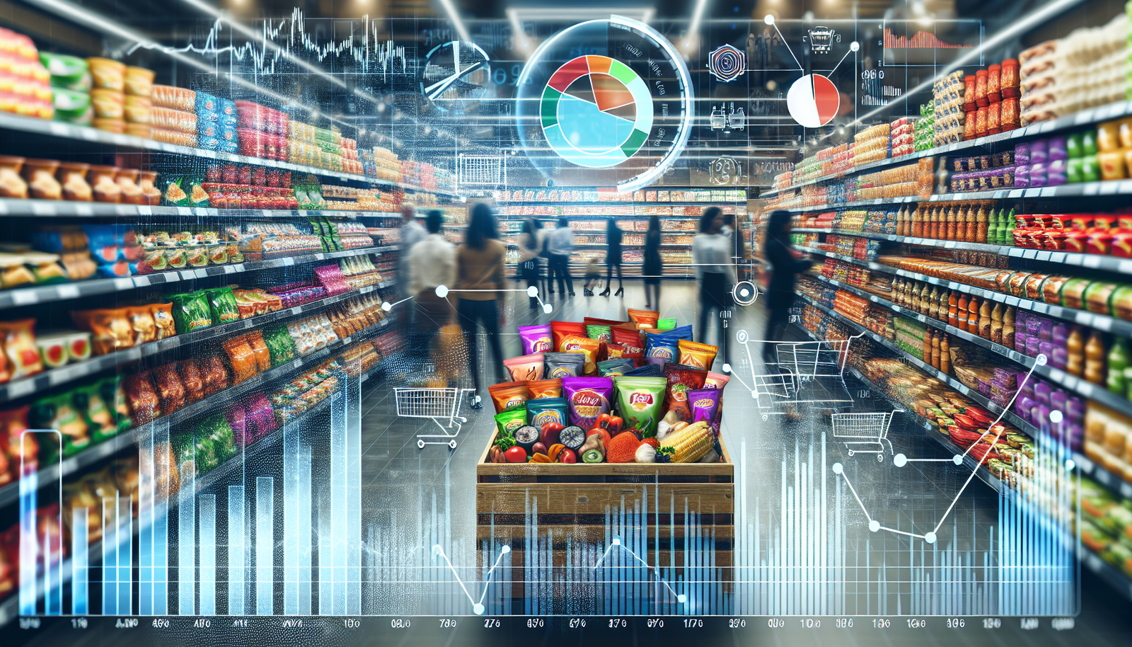 A bustling grocery store featuring Conagra Brands products with data analysis overlays, illustrating the company's growth amid economic challenges.