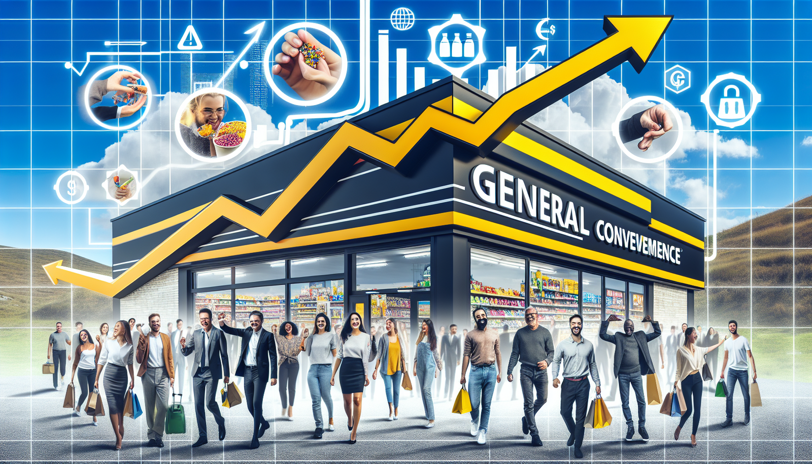 A bustling Dollar General store front with customers shopping, alongside graphical elements showing financial metrics.