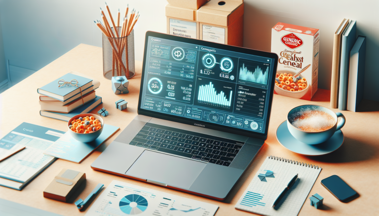 A modern workspace with a laptop showing financial insights from General Mills' earnings report, accompanied by product packages and a notepad.