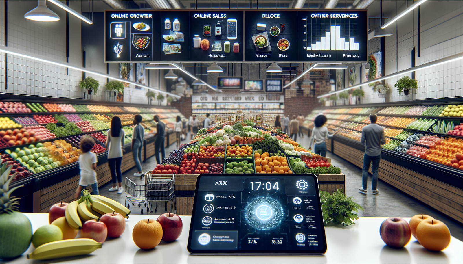 Kroger supermarket with digital displays and customers shopping, representing digital growth and earnings insights.