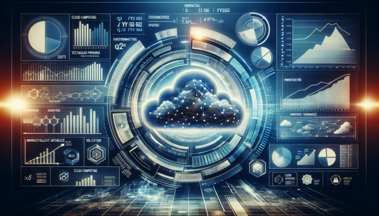 A digital interface showcasing Oracle's financial performance with graphs and AI cloud symbols.