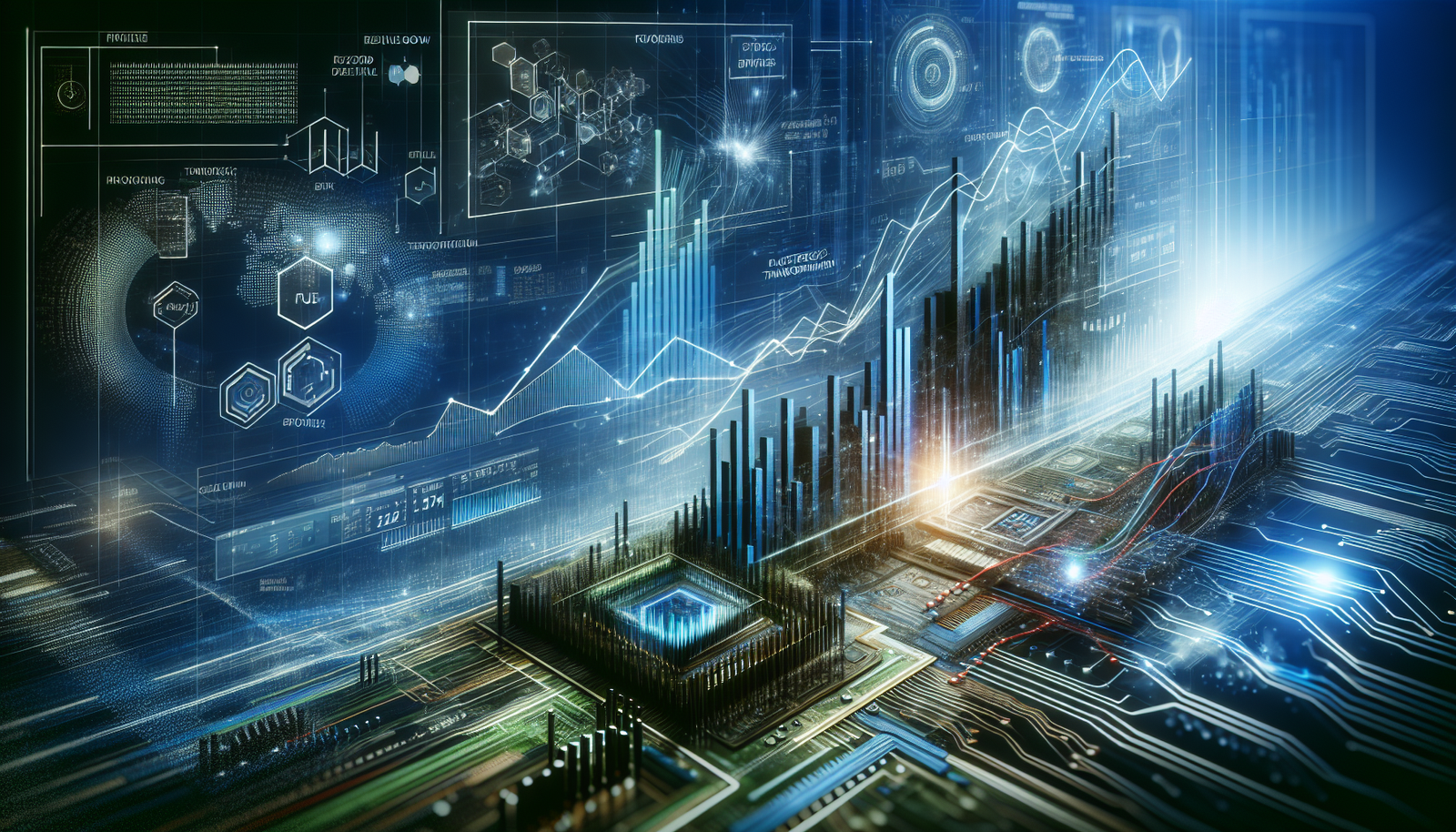 Futuristic digital landscape representing Synopsys's growth and innovation in electronic design automation.