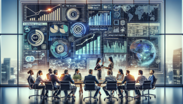 Diverse financial professionals analyzing Capital One's Q4 2023 earnings with digital dashboards and AI analytics.