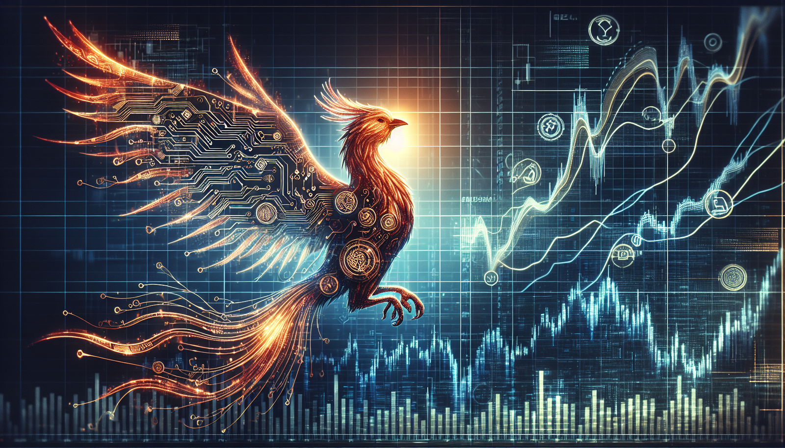 A phoenix rising with market graphs, symbolizing financial resilience and AI-powered insights.