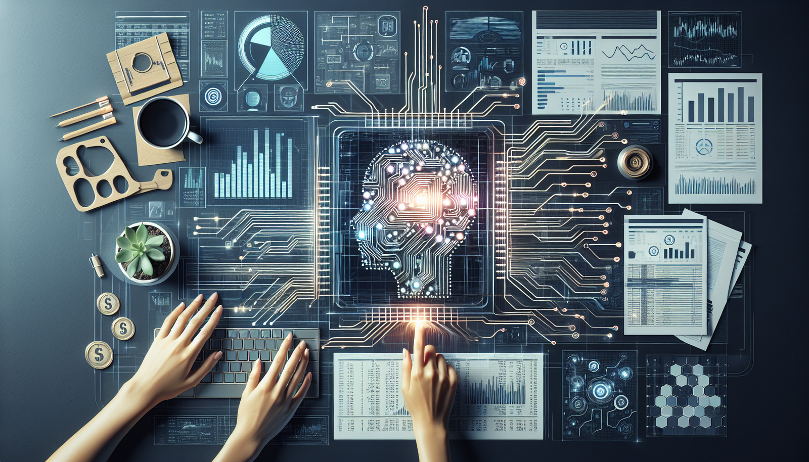 A digital workspace with charts and graphs related to earnings call analysis, highlighting AI technology.