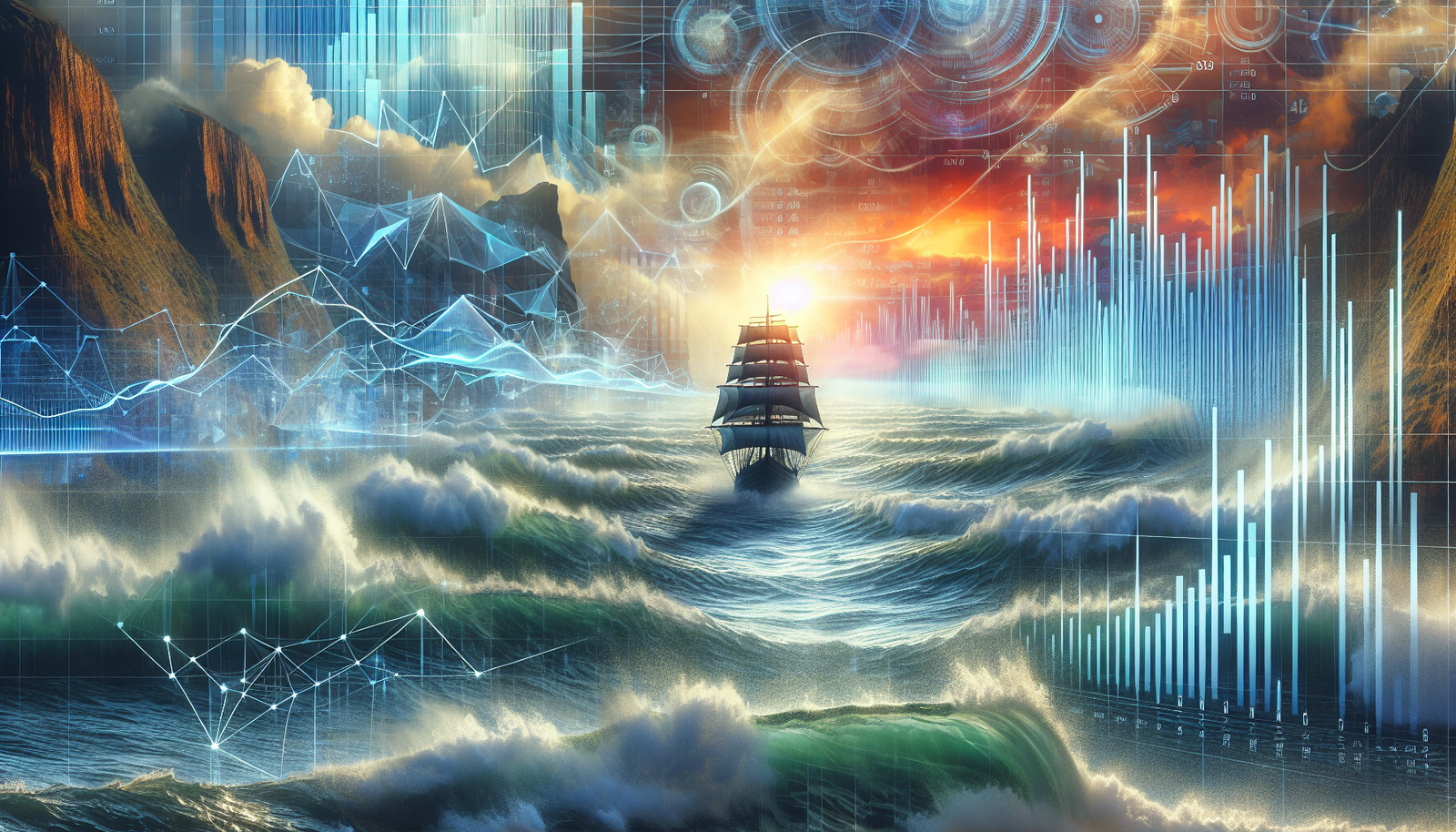 A ship navigating a stormy sea with a horizon of hope, representing GM's financial journey.