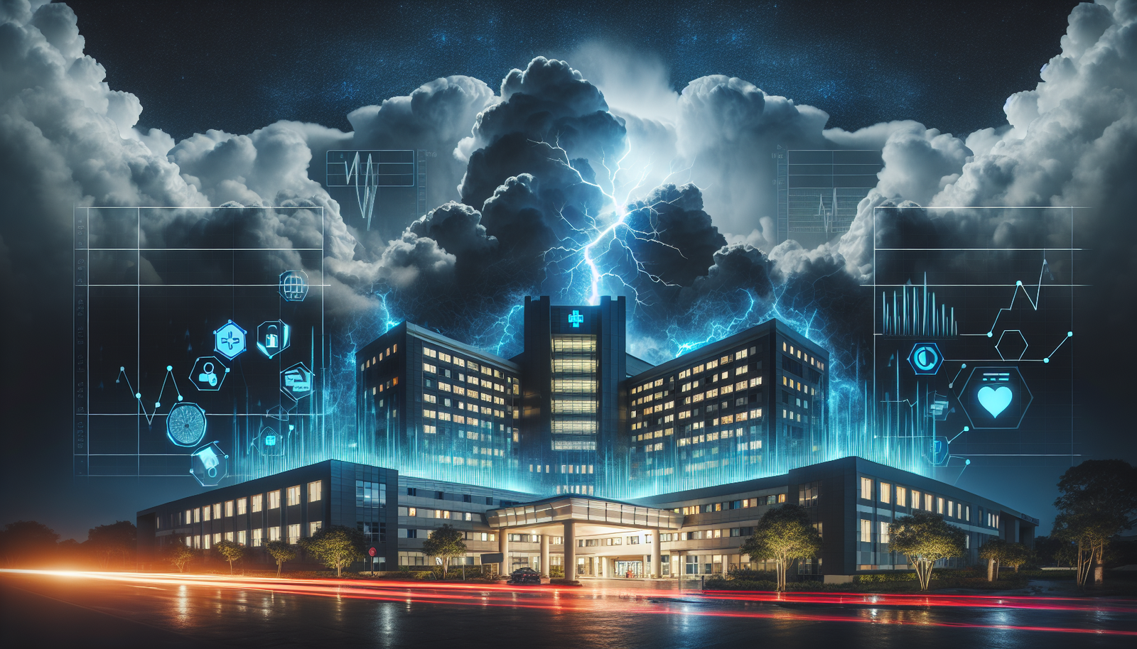 A hospital facing a storm with analytics graphs overlay, representing HCA Healthcare's resilience and EarningsCall SamurAI insights.