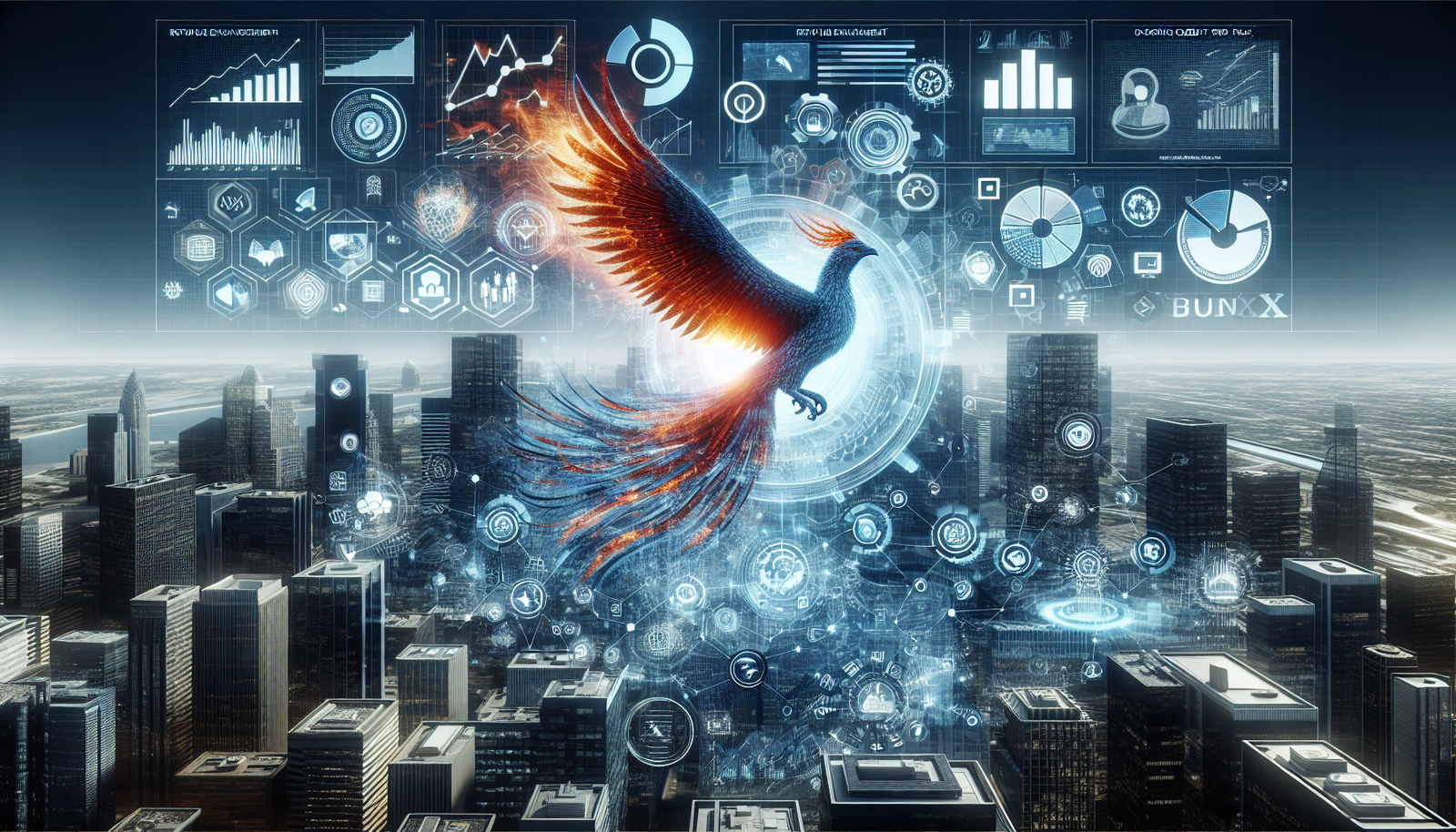 A phoenix rising over a financial skyline, representing KeyCorp's growth and transformation, with digital analytics elements symbolizing AI insights.