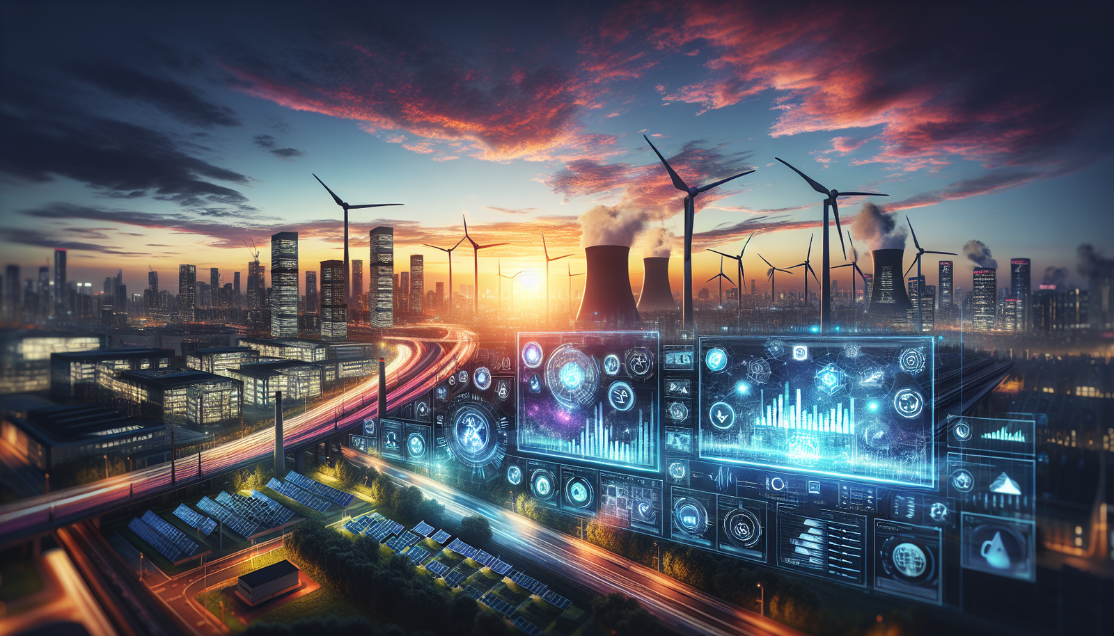 City skyline featuring renewable energy facilities and digital analytics interface representing EarningsCall SamurAI.