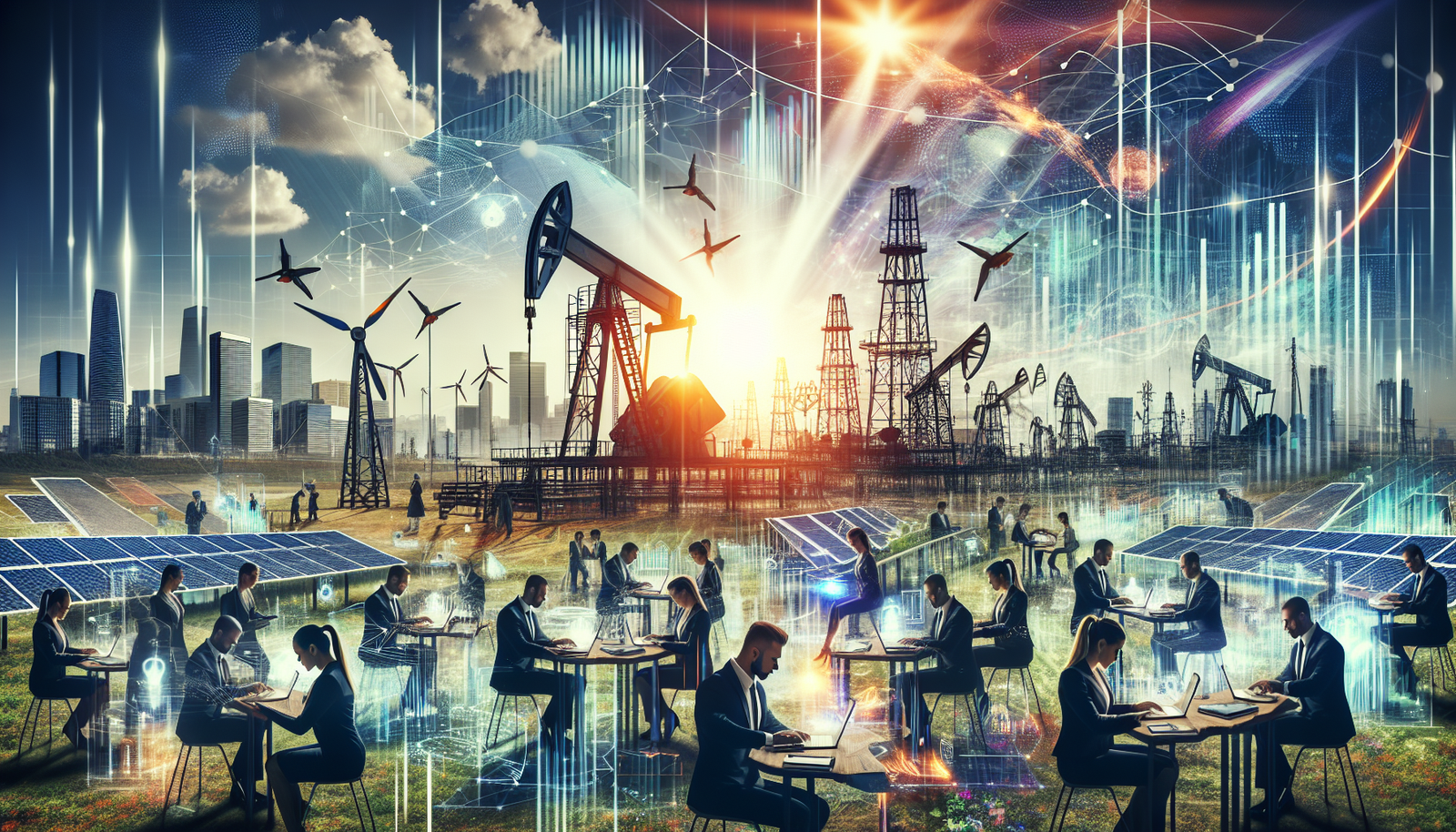 A visual representation of SLB's evolution from traditional oil services to a digitally-driven energy company, featuring oil rigs, digital devices, and renewable energy sources.