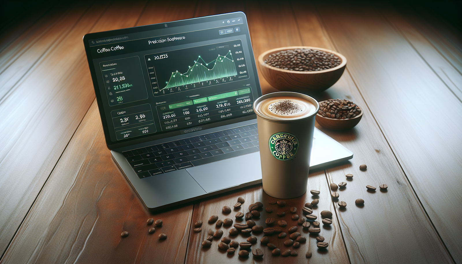 A Starbucks coffee cup and laptop displaying EarningsCall SamurAI analytics.