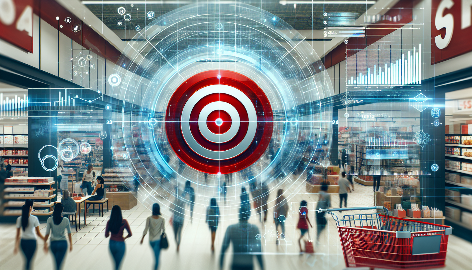 A vibrant Target store with digital analytics overlays, highlighting the company's growth and adaptation in the retail landscape.