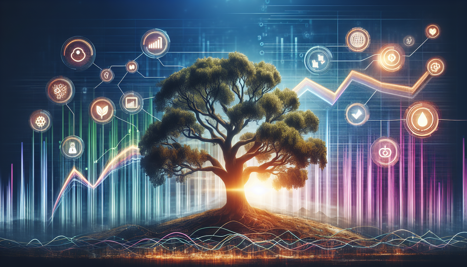 An oak tree illustrating the resilience and growth of UnitedHealth Group, with digital innovation elements in the background.