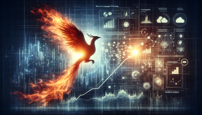 A phoenix rising with digital data streams and financial graphs, representing Verizon's growth and the role of AI in financial analysis.