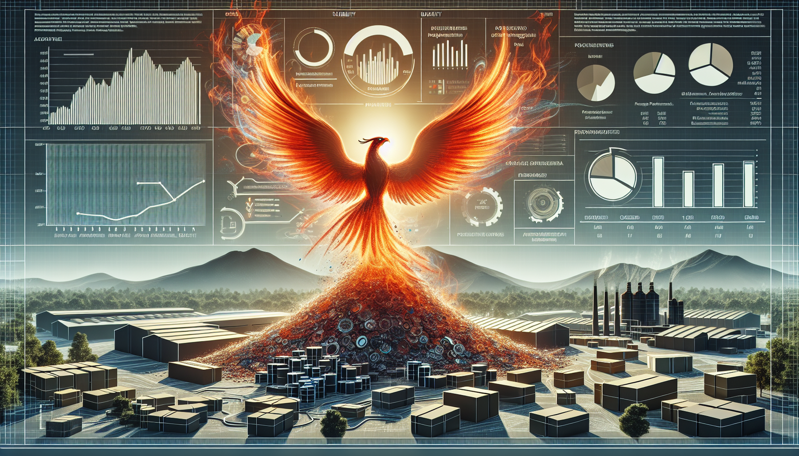 A phoenix rising symbolizing transformation, with a modern packaging factory and financial charts in the background.