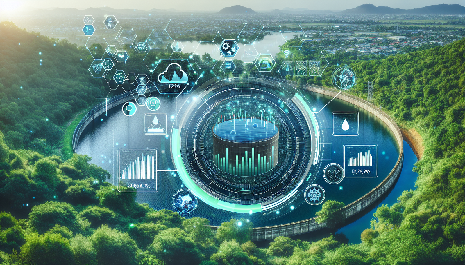 A water reservoir with overlay of financial metrics and AI analysis symbols