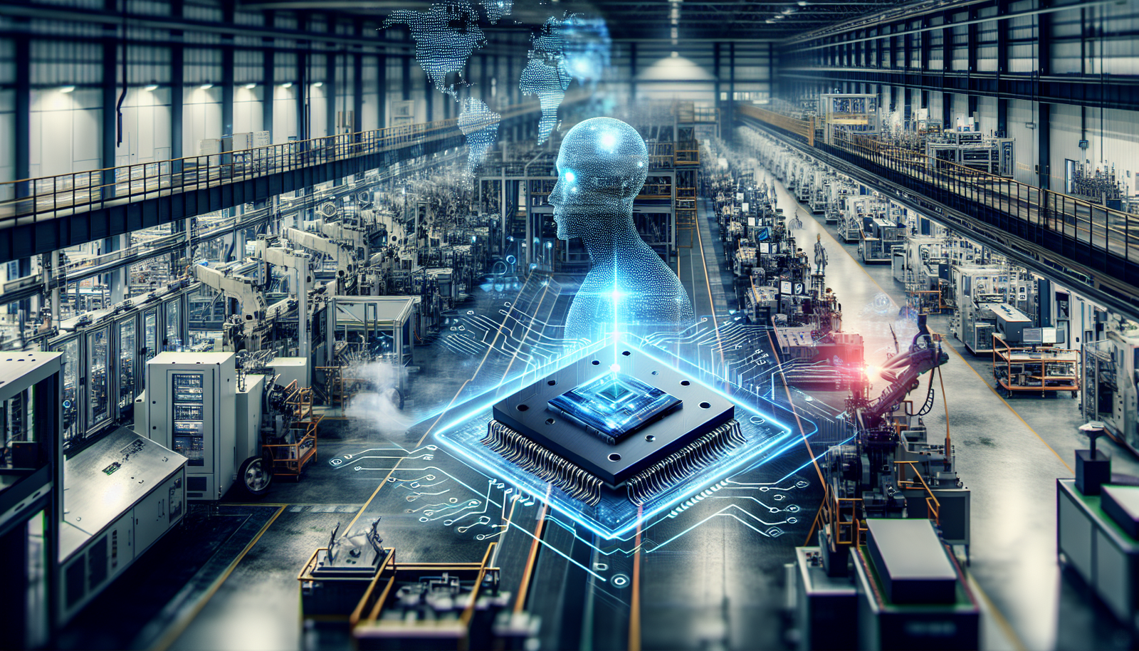 Futuristic semiconductor manufacturing facility with digital data overlays